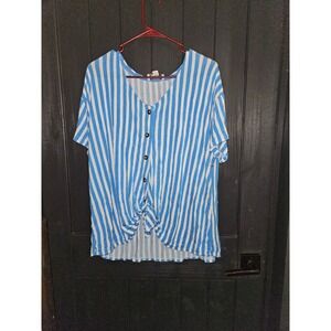 Womens Blue White Stripe V Neck Button Front Knot Hem Short Sleeve Top